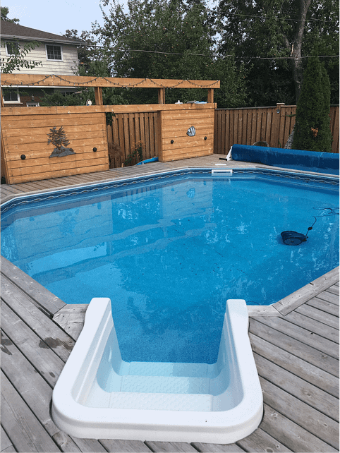 Pool with surrounding deck, house sitting